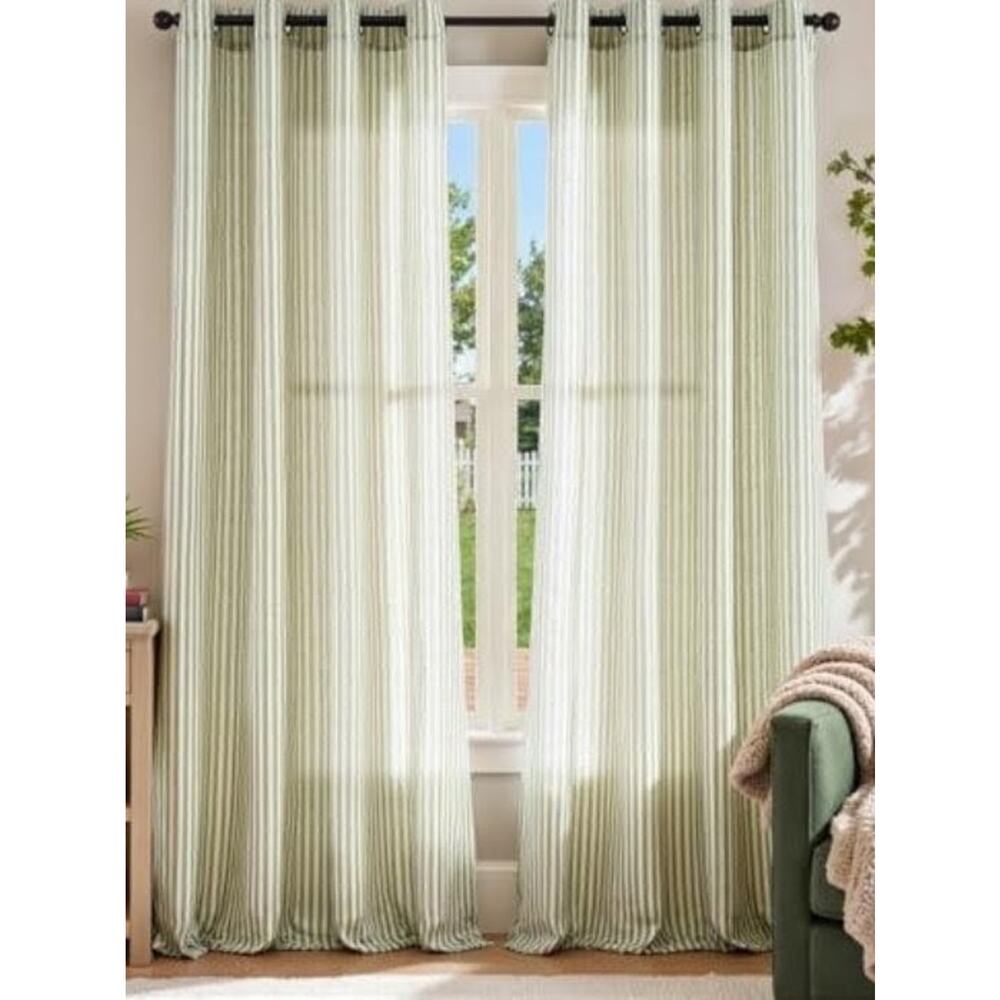 jinchan Linen Curtains 96 inch Sage Green Stripe on Beige Grommet 2 Panels - Picture 2 of 4